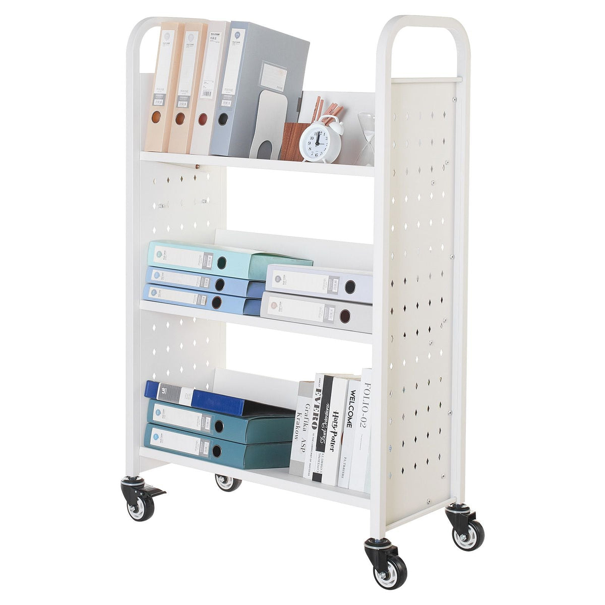 Rolling Library Book Cart, 330 lbs Capacity, 30.3 x 15 x 48.0-Inch Library Cart, Single Sided V-Shaped Shelves with 3-Inch Lockable Wheels, Book Truck for Home Shelves Office and School, White