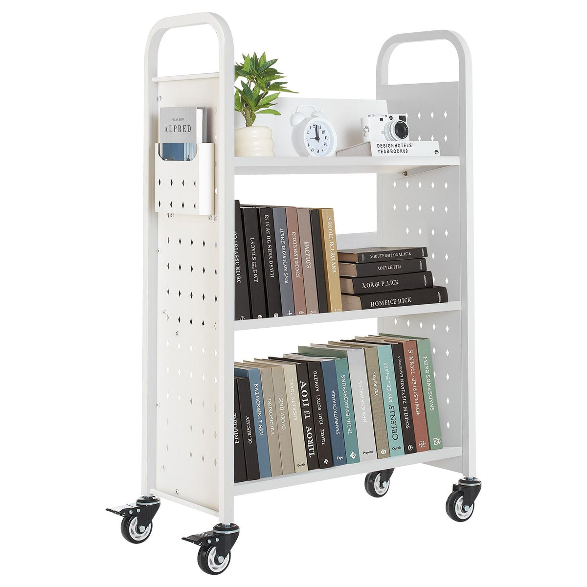 Rolling Library Book Cart, 330 lbs Capacity, 30.3 x 15 x 48.0-Inch Library Cart, Single Sided V-Shaped Shelves with 3-Inch Lockable Wheels, Book Truck for Home Shelves Office and School, White