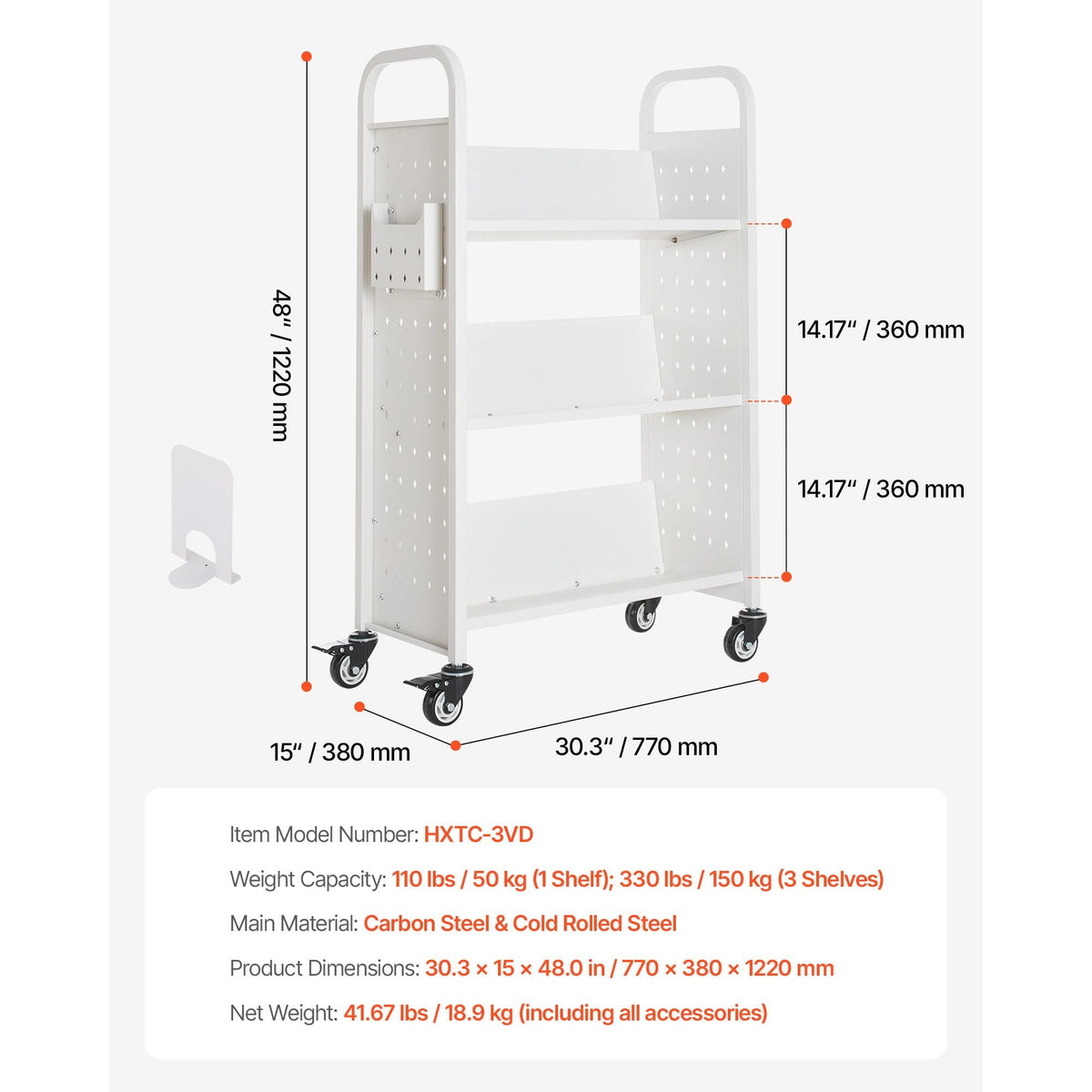 Rolling Library Book Cart, 330 lbs Capacity, 30.3 x 15 x 48.0-Inch Library Cart, Single Sided V-Shaped Shelves with 3-Inch Lockable Wheels, Book Truck for Home Shelves Office and School, White