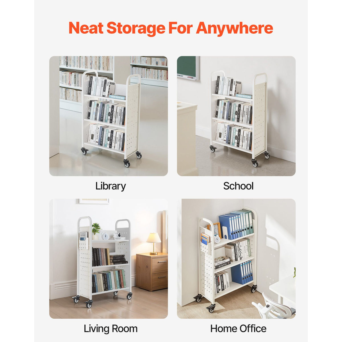 Rolling Library Book Cart, 330 lbs Capacity, 30.3 x 15 x 48.0-Inch Library Cart, Single Sided V-Shaped Shelves with 3-Inch Lockable Wheels, Book Truck for Home Shelves Office and School, White