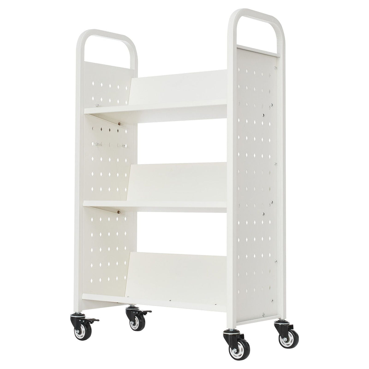 Rolling Library Book Cart, 330 lbs Capacity, 30.3 x 15 x 48.0-Inch Library Cart, Single Sided V-Shaped Shelves with 3-Inch Lockable Wheels, Book Truck for Home Shelves Office and School, White