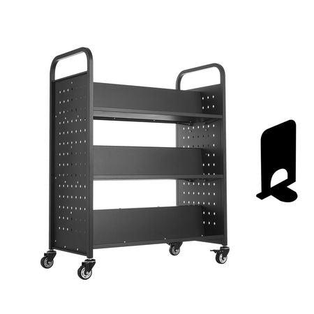 Rolling Library Book Cart, 330 lbs Capacity, 38.2 x 20.3 x 48.2-Inch Library Cart, Double Sided W-Shaped Shelves with 3-Inch Lockable Wheels, Book Truck for Home Shelves Office and School, Black