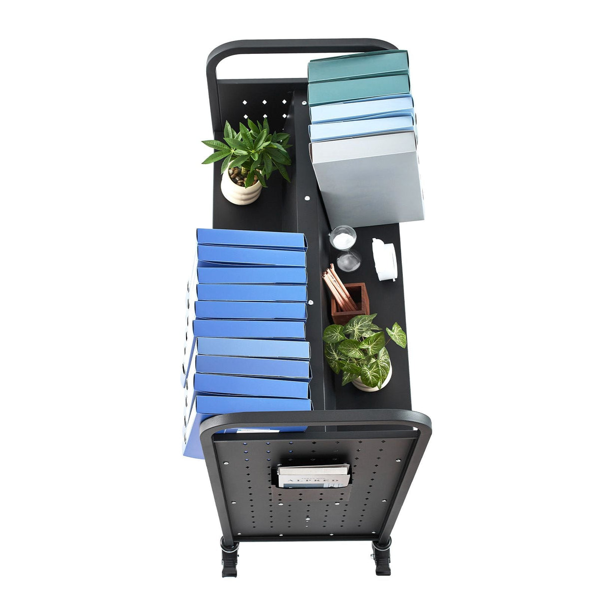 Rolling Library Book Cart, 330 lbs Capacity, 38.2 x 20.3 x 48.2-Inch Library Cart, Double Sided W-Shaped Shelves with 3-Inch Lockable Wheels, Book Truck for Home Shelves Office and School, Black