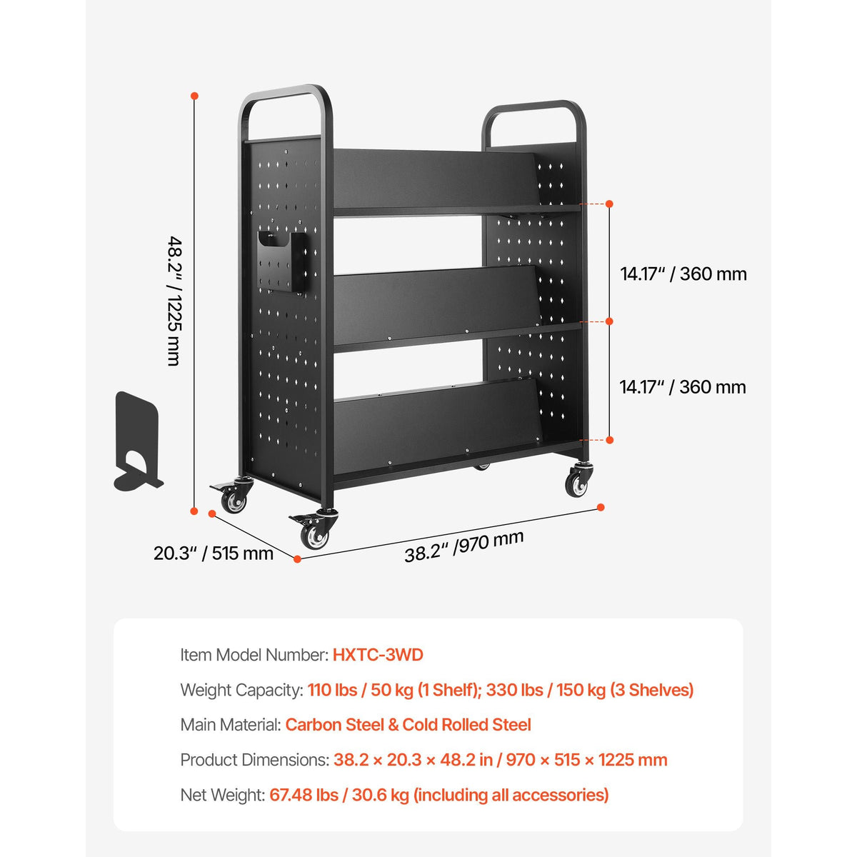 Rolling Library Book Cart, 330 lbs Capacity, 38.2 x 20.3 x 48.2-Inch Library Cart, Double Sided W-Shaped Shelves with 3-Inch Lockable Wheels, Book Truck for Home Shelves Office and School, Black