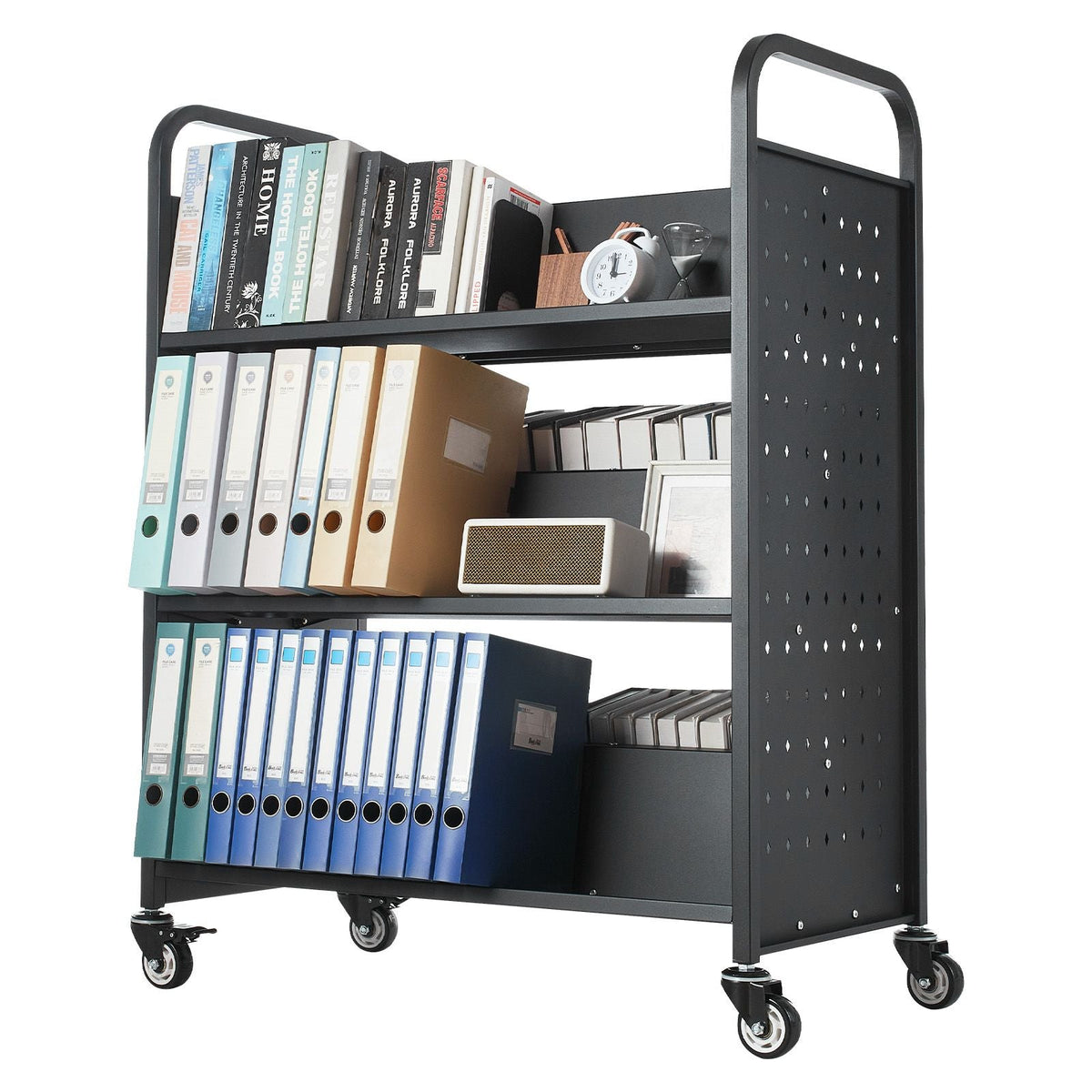 Rolling Library Book Cart, 330 lbs Capacity, 38.2 x 20.3 x 48.2-Inch Library Cart, Double Sided W-Shaped Shelves with 3-Inch Lockable Wheels, Book Truck for Home Shelves Office and School, Black