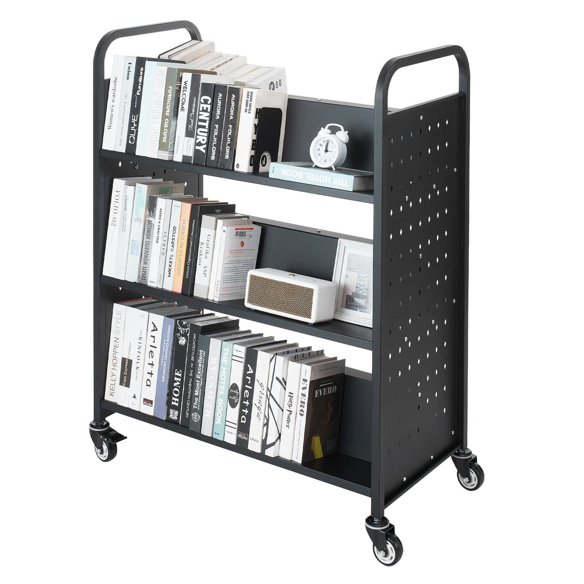 Rolling Library Book Cart, 330 lbs Capacity, 38.2 x 20.3 x 48.2-Inch Library Cart, Double Sided W-Shaped Shelves with 3-Inch Lockable Wheels, Book Truck for Home Shelves Office and School, Black