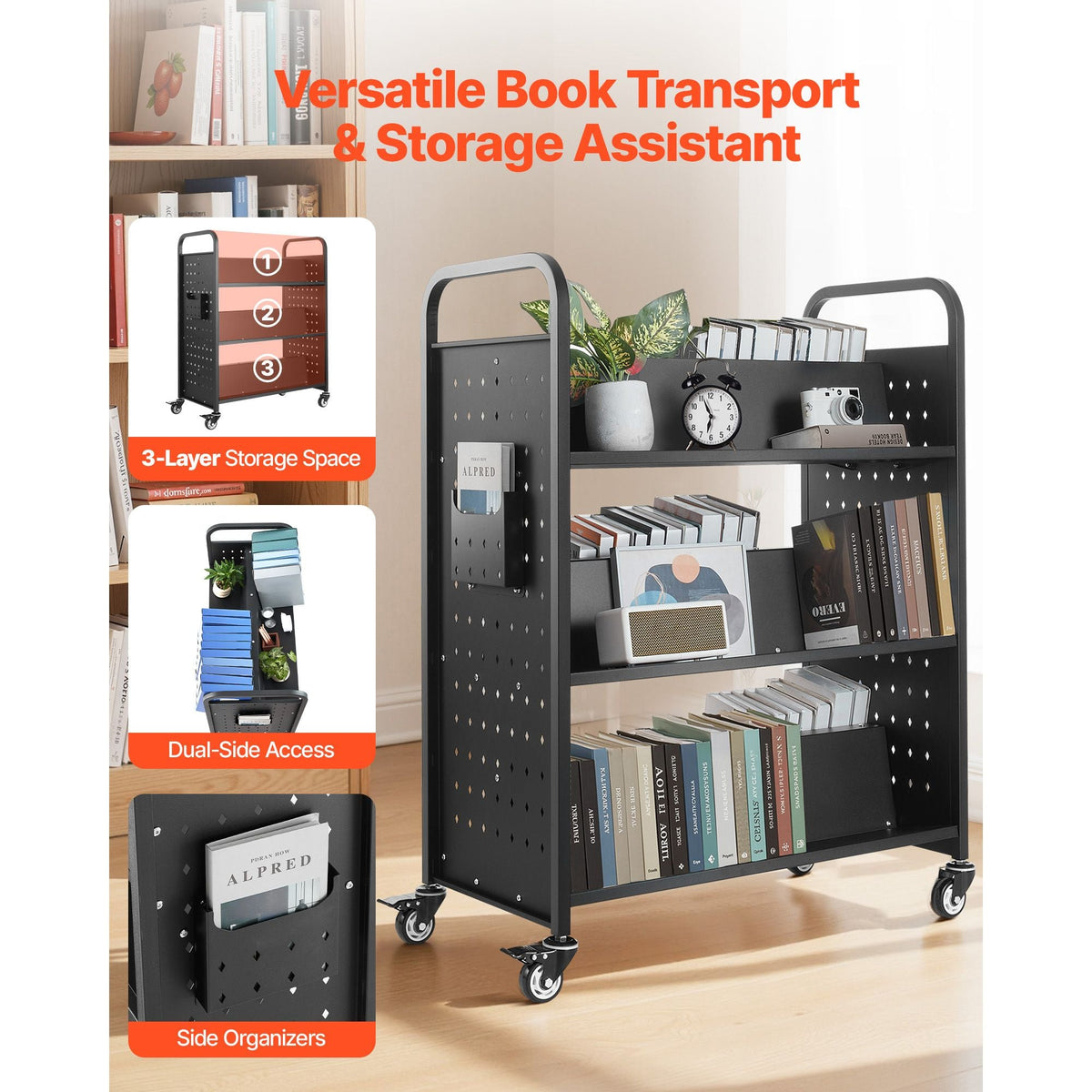 Rolling Library Book Cart, 330 lbs Capacity, 38.2 x 20.3 x 48.2-Inch Library Cart, Double Sided W-Shaped Shelves with 3-Inch Lockable Wheels, Book Truck for Home Shelves Office and School, Black