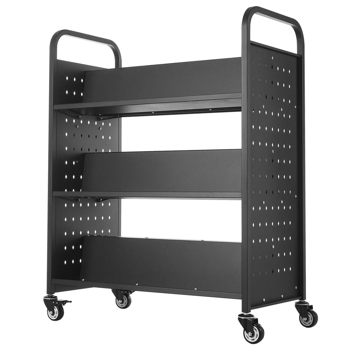 Rolling Library Book Cart, 330 lbs Capacity, 38.2 x 20.3 x 48.2-Inch Library Cart, Double Sided W-Shaped Shelves with 3-Inch Lockable Wheels, Book Truck for Home Shelves Office and School, Black