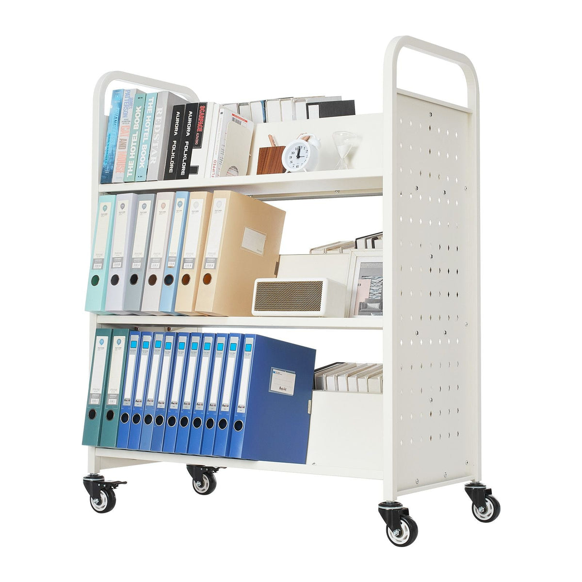Rolling Library Book Cart, 330 lbs Capacity, 38.2 x 20.3 x 48.2-Inch Library Cart, Double Sided W-Shaped Shelves with 3-Inch Lockable Wheels, Book Truck for Home Shelves Office and School, White