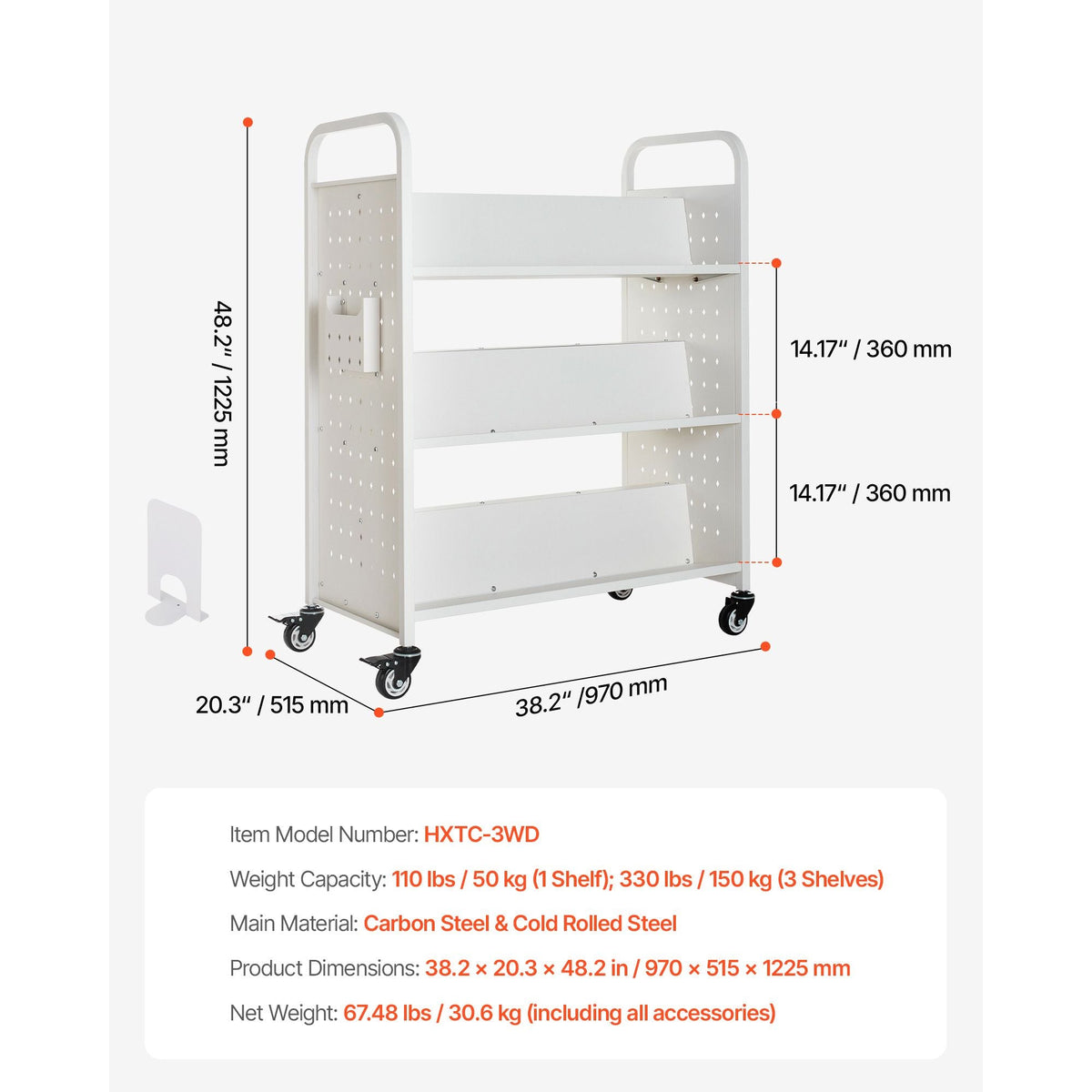 Rolling Library Book Cart, 330 lbs Capacity, 38.2 x 20.3 x 48.2-Inch Library Cart, Double Sided W-Shaped Shelves with 3-Inch Lockable Wheels, Book Truck for Home Shelves Office and School, White