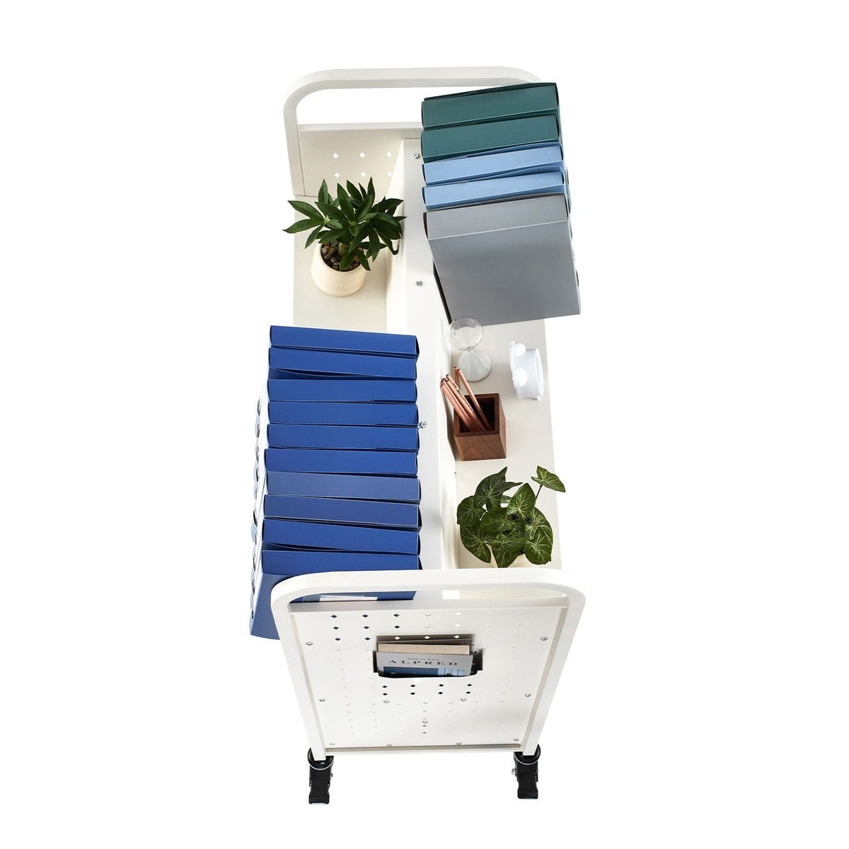 Rolling Library Book Cart, 330 lbs Capacity, 38.2 x 20.3 x 48.2-Inch Library Cart, Double Sided W-Shaped Shelves with 3-Inch Lockable Wheels, Book Truck for Home Shelves Office and School, White