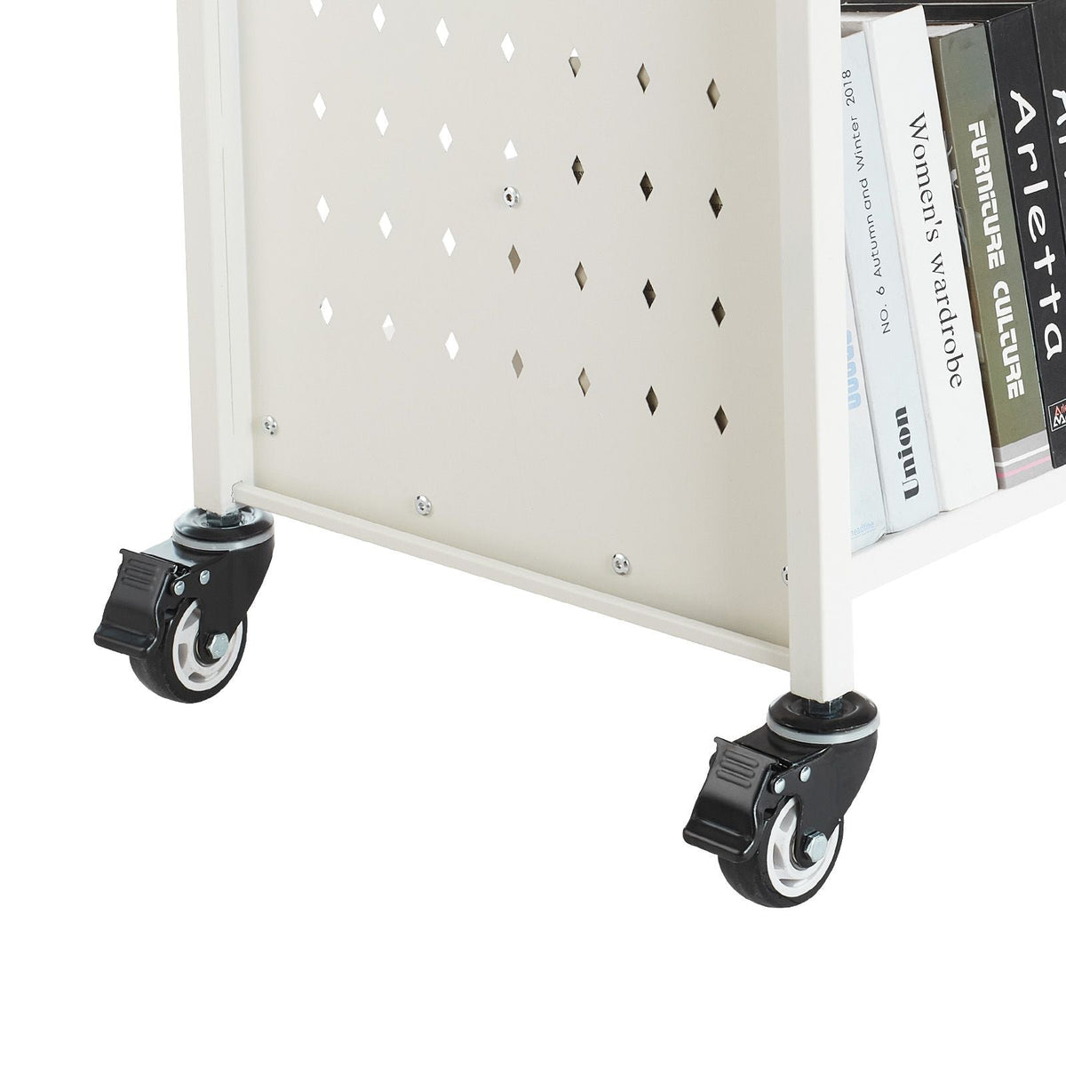 Rolling Library Book Cart, 330 lbs Capacity, 38.2 x 20.3 x 48.2-Inch Library Cart, Double Sided W-Shaped Shelves with 3-Inch Lockable Wheels, Book Truck for Home Shelves Office and School, White