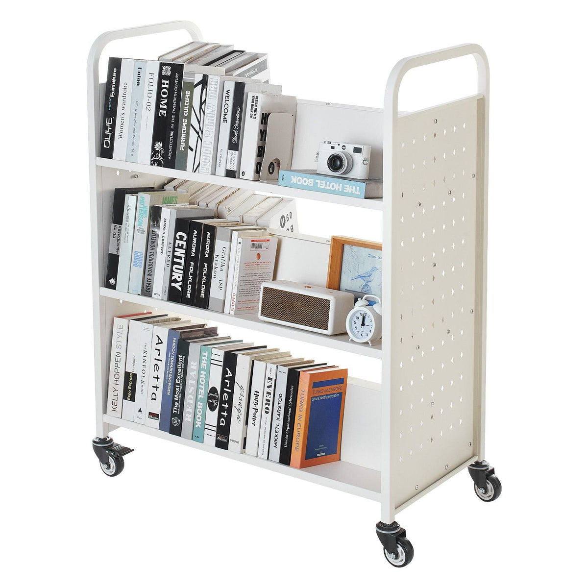 Rolling Library Book Cart, 330 lbs Capacity, 38.2 x 20.3 x 48.2-Inch Library Cart, Double Sided W-Shaped Shelves with 3-Inch Lockable Wheels, Book Truck for Home Shelves Office and School, White