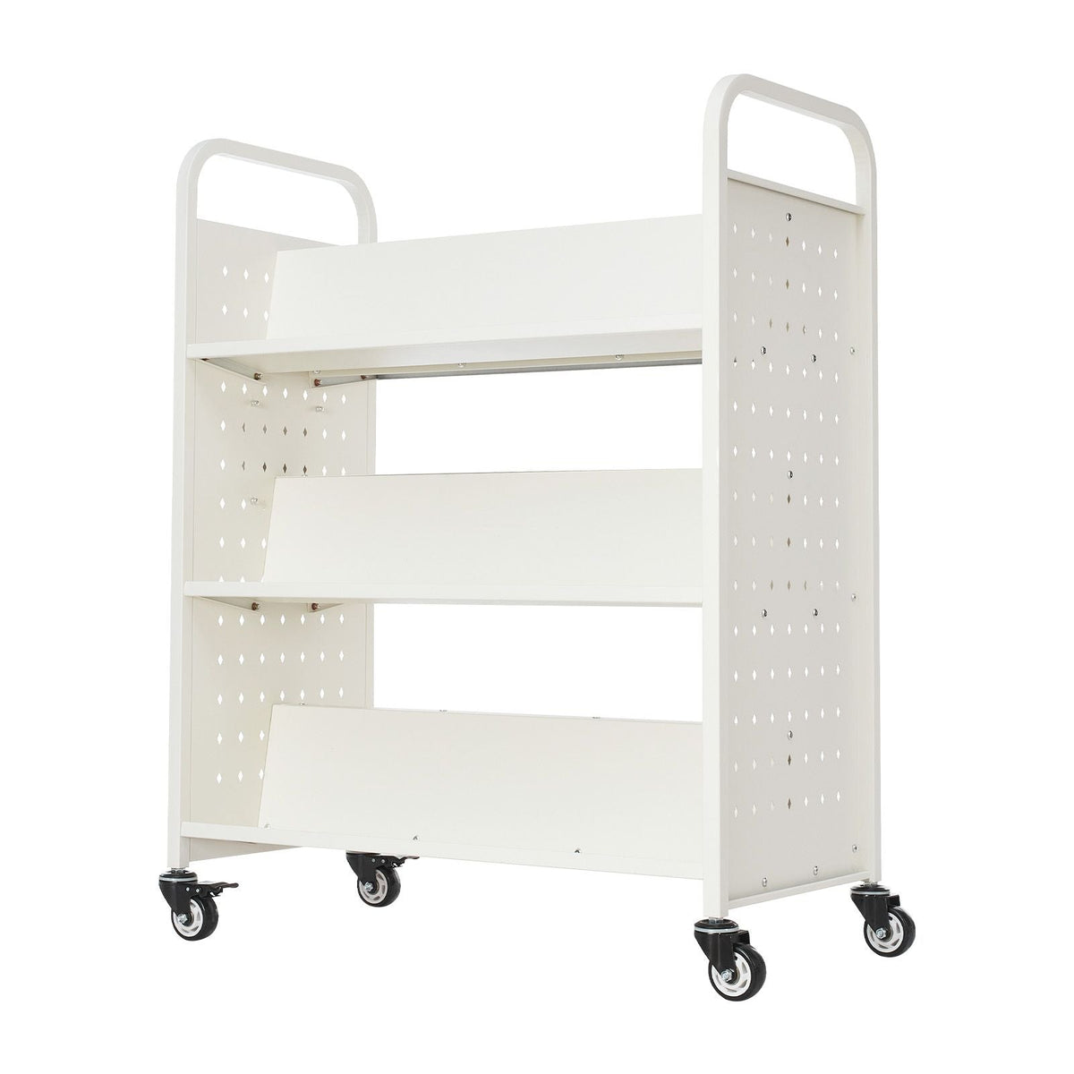 Rolling Library Book Cart, 330 lbs Capacity, 38.2 x 20.3 x 48.2-Inch Library Cart, Double Sided W-Shaped Shelves with 3-Inch Lockable Wheels, Book Truck for Home Shelves Office and School, White
