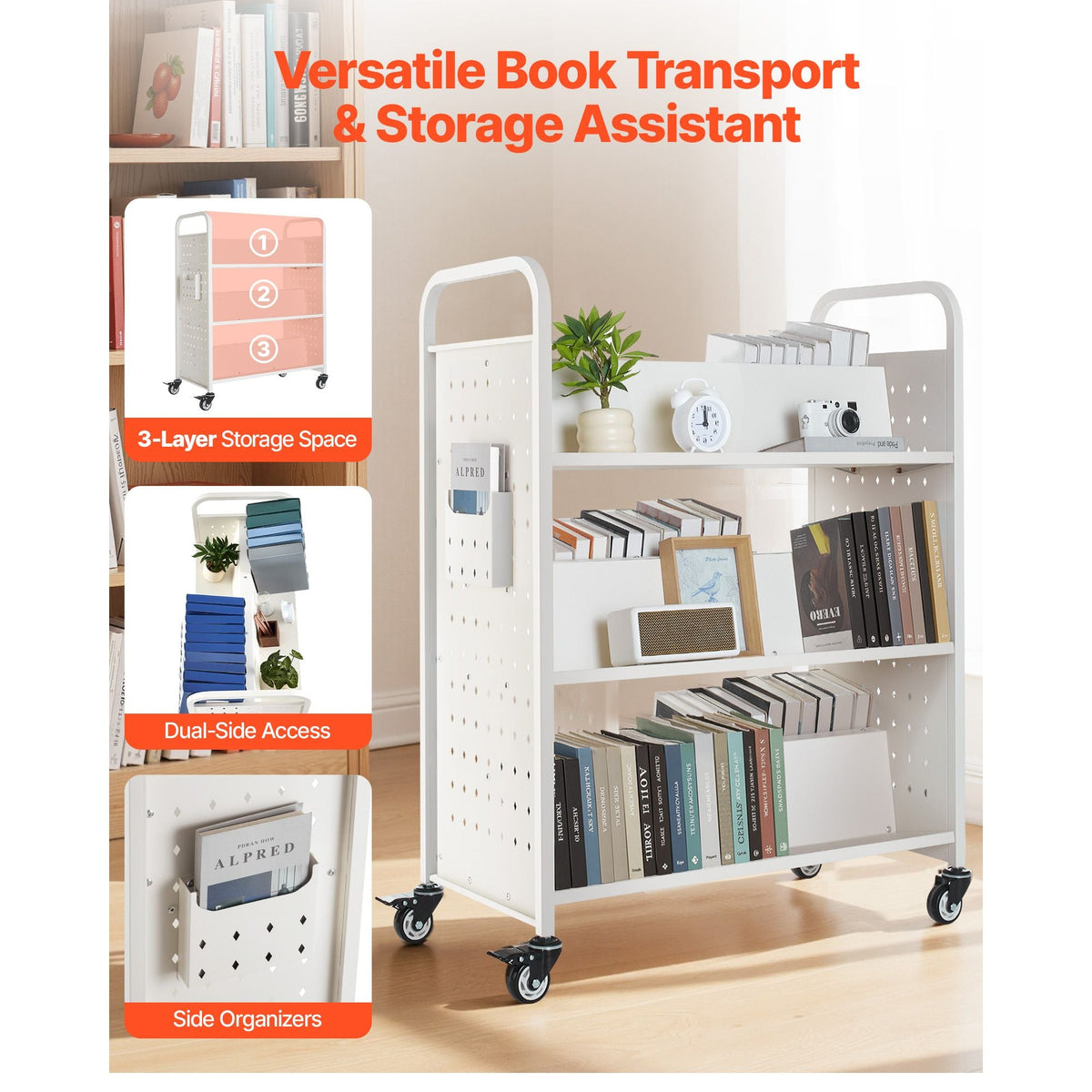Rolling Library Book Cart, 330 lbs Capacity, 38.2 x 20.3 x 48.2-Inch Library Cart, Double Sided W-Shaped Shelves with 3-Inch Lockable Wheels, Book Truck for Home Shelves Office and School, White