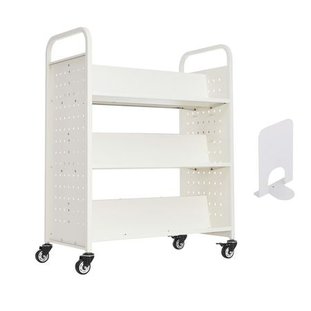 Rolling Library Book Cart, 330 lbs Capacity, 38.2 x 20.3 x 48.2-Inch Library Cart, Double Sided W-Shaped Shelves with 3-Inch Lockable Wheels, Book Truck for Home Shelves Office and School, White