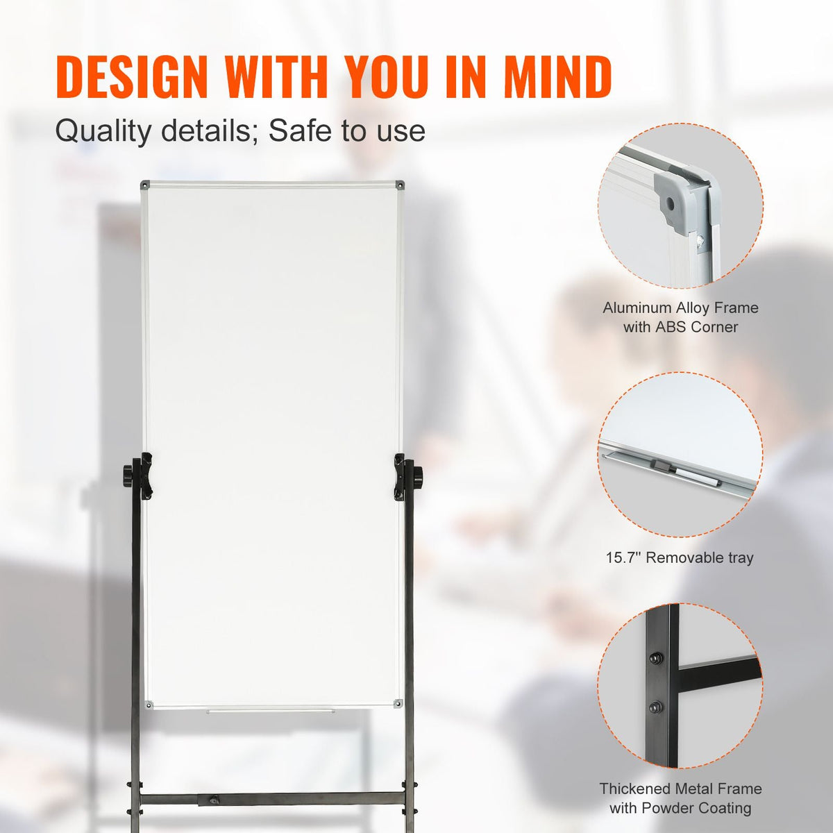 Rolling Magnetic Whiteboard, Double-sided Mobile Whiteboard 24x48 Inches, Adjustable Height Dry Erase Board with Wheels, 1 Magnetic Erase & 3 Dry Erase Markers & Movable Tray for Office School