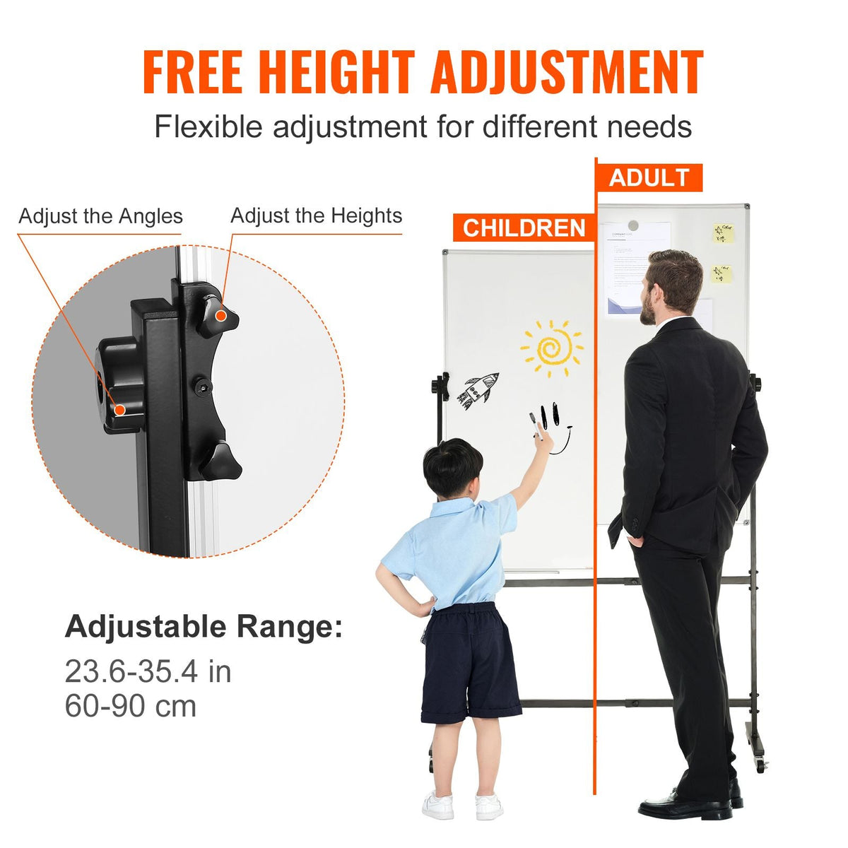 Rolling Magnetic Whiteboard, Double-sided Mobile Whiteboard 24x48 Inches, Adjustable Height Dry Erase Board with Wheels, 1 Magnetic Erase & 3 Dry Erase Markers & Movable Tray for Office School