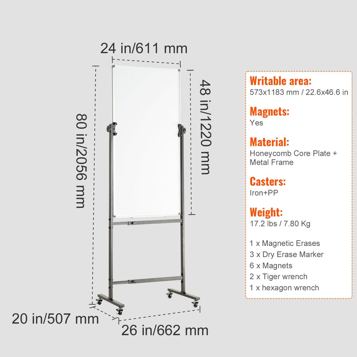 Rolling Magnetic Whiteboard, Double-sided Mobile Whiteboard 24x48 Inches, Adjustable Height Dry Erase Board with Wheels, 1 Magnetic Erase & 3 Dry Erase Markers & Movable Tray for Office School