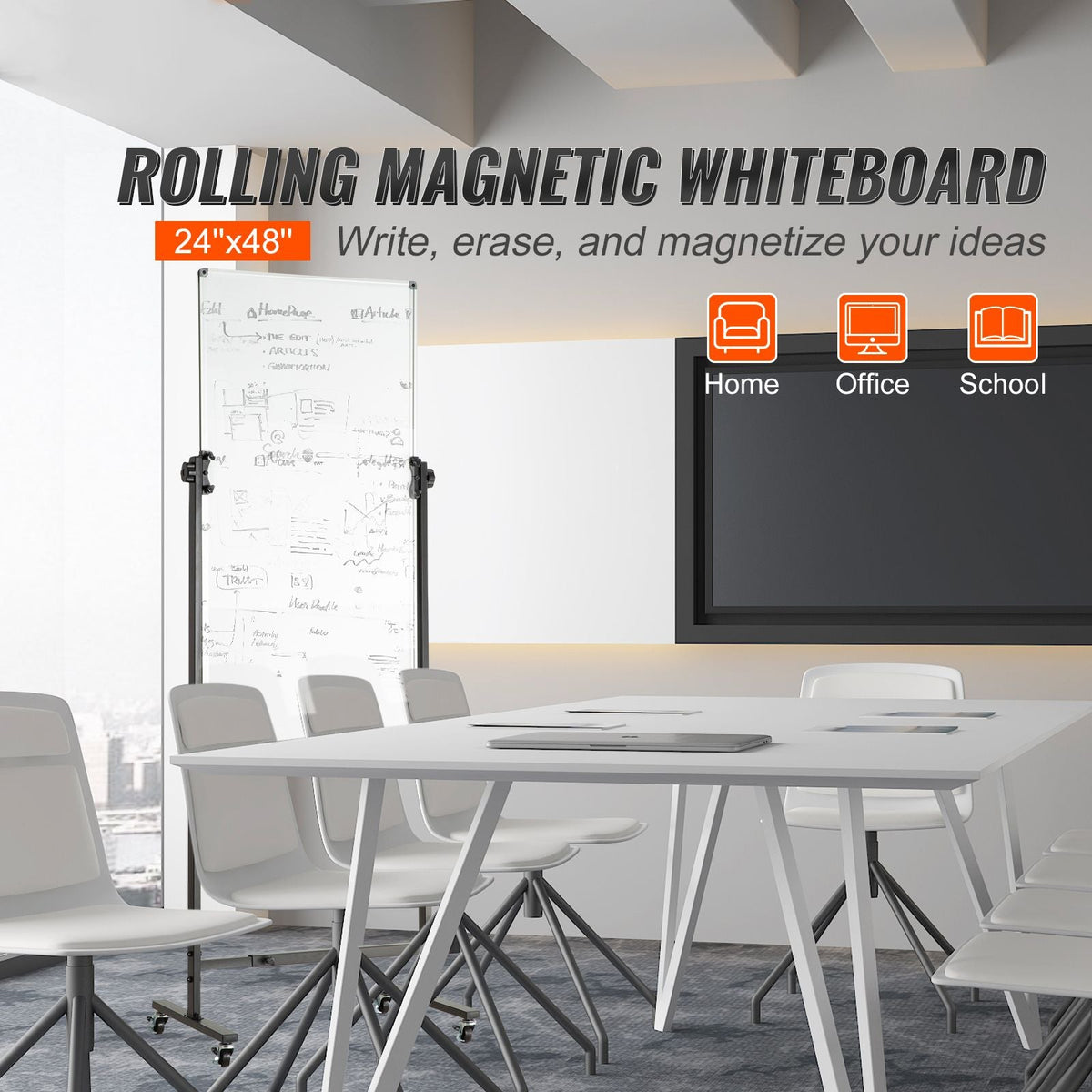 Rolling Magnetic Whiteboard, Double-sided Mobile Whiteboard 24x48 Inches, Adjustable Height Dry Erase Board with Wheels, 1 Magnetic Erase & 3 Dry Erase Markers & Movable Tray for Office School
