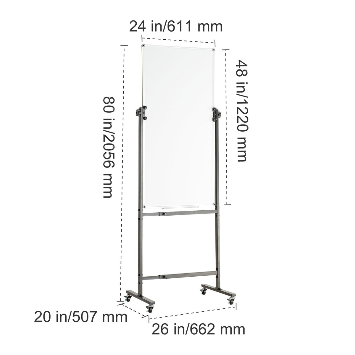 Rolling Magnetic Whiteboard, Double-sided Mobile Whiteboard 24x48 Inches, Adjustable Height Dry Erase Board with Wheels, 1 Magnetic Erase & 3 Dry Erase Markers & Movable Tray for Office School