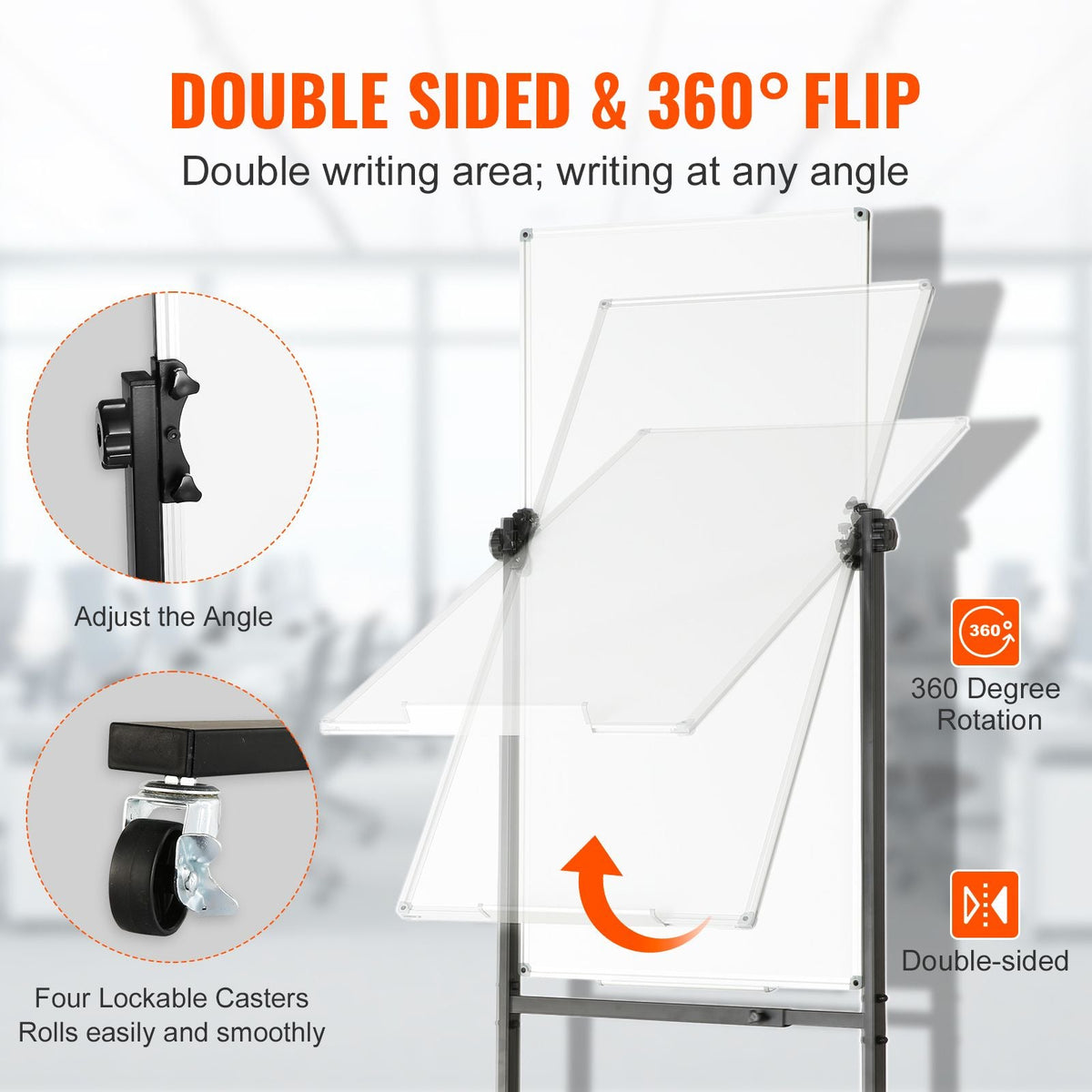 Rolling Magnetic Whiteboard, Double-sided Mobile Whiteboard 24x48 Inches, Adjustable Height Dry Erase Board with Wheels, 1 Magnetic Erase & 3 Dry Erase Markers & Movable Tray for Office School