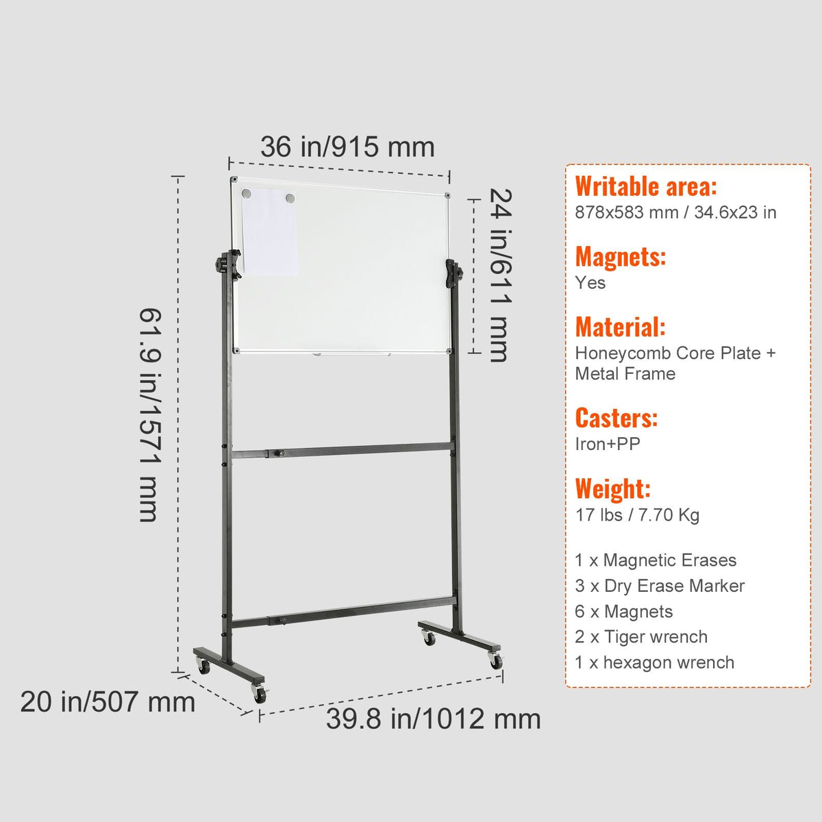 Rolling Magnetic Whiteboard, Double-sided Mobile Whiteboard 36x24 Inches, Adjustable Height Dry Erase Board with Wheels, 1 Magnetic Erase & 3 Dry Erase Markers & Movable Tray Office, School
