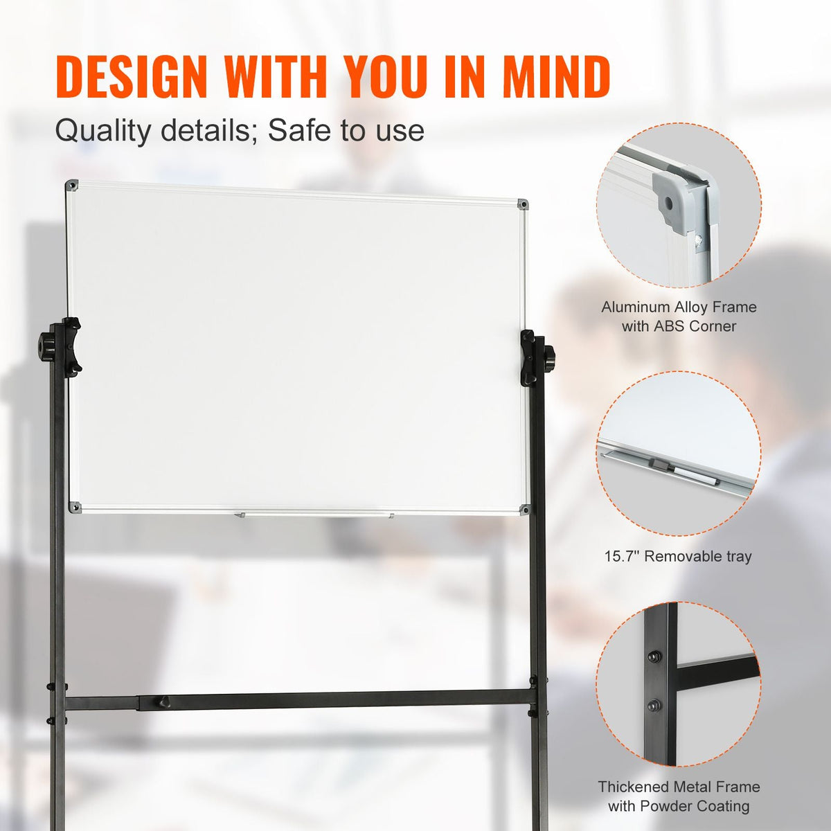 Rolling Magnetic Whiteboard, Double-sided Mobile Whiteboard 36x24 Inches, Adjustable Height Dry Erase Board with Wheels, 1 Magnetic Erase & 3 Dry Erase Markers & Movable Tray Office, School