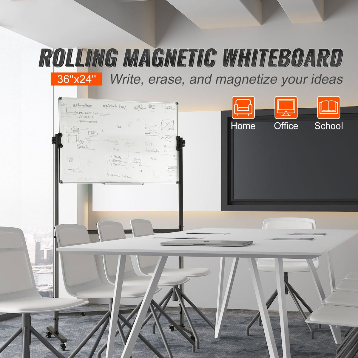Rolling Magnetic Whiteboard, Double-sided Mobile Whiteboard 36x24 Inches, Adjustable Height Dry Erase Board with Wheels, 1 Magnetic Erase & 3 Dry Erase Markers & Movable Tray Office, School