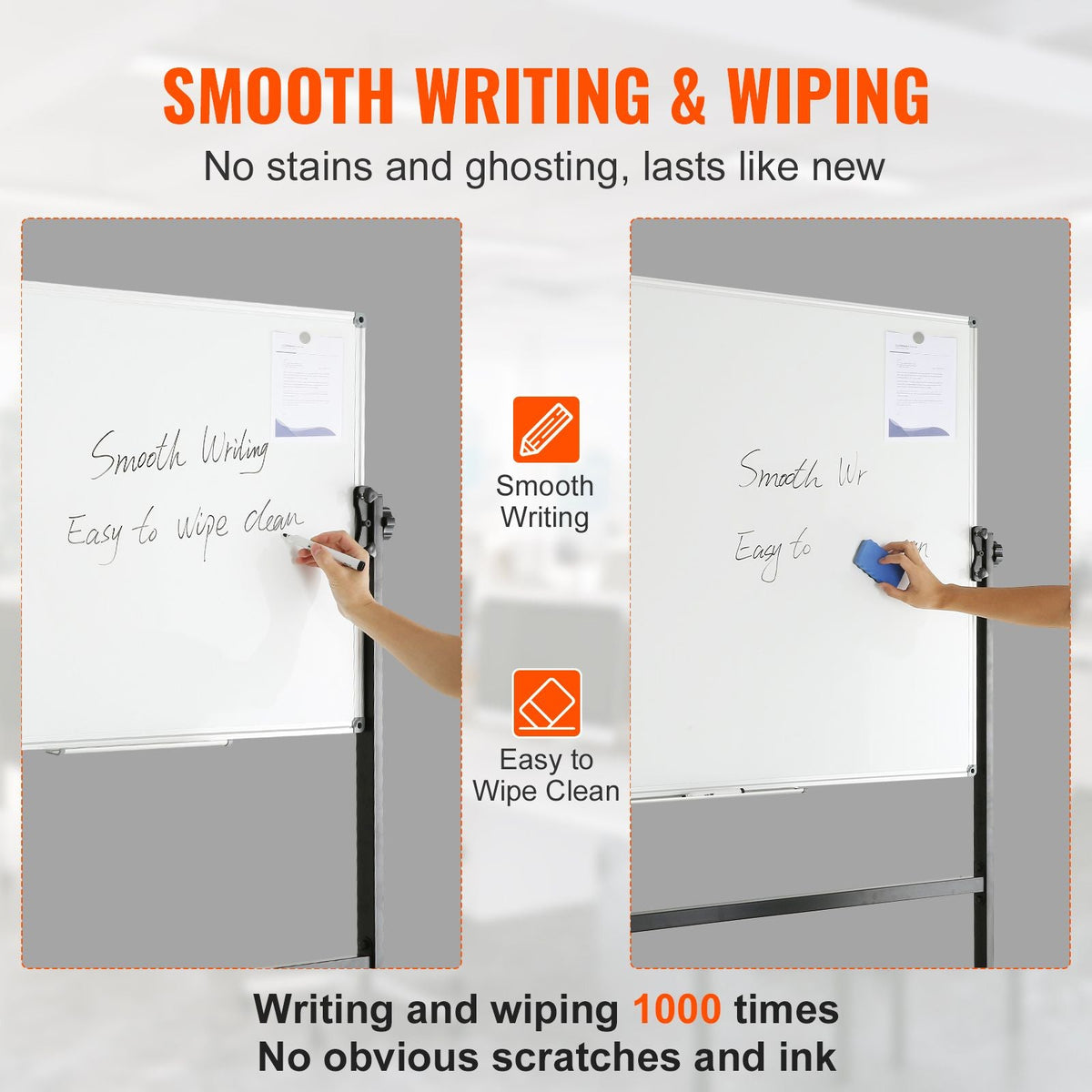 Rolling Magnetic Whiteboard, Double-sided Mobile Whiteboard 48x36 Inches, Adjustable Height Dry Erase Board with Wheels, 1 Magnetic Erase & 3 Dry Erase Markers & Movable Tray for Office School