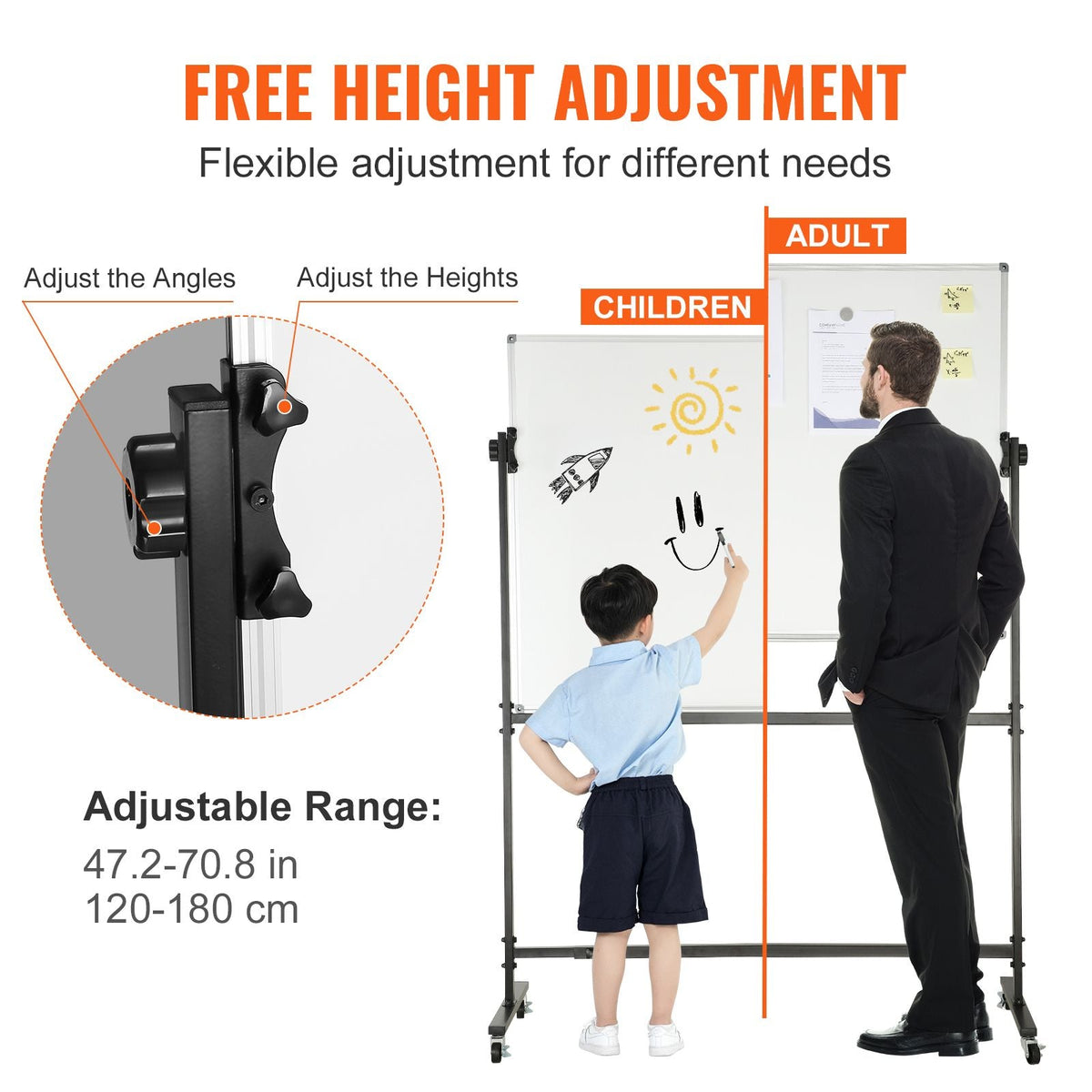Rolling Magnetic Whiteboard, Double-sided Mobile Whiteboard 48x36 Inches, Adjustable Height Dry Erase Board with Wheels, 1 Magnetic Erase & 3 Dry Erase Markers & Movable Tray for Office School