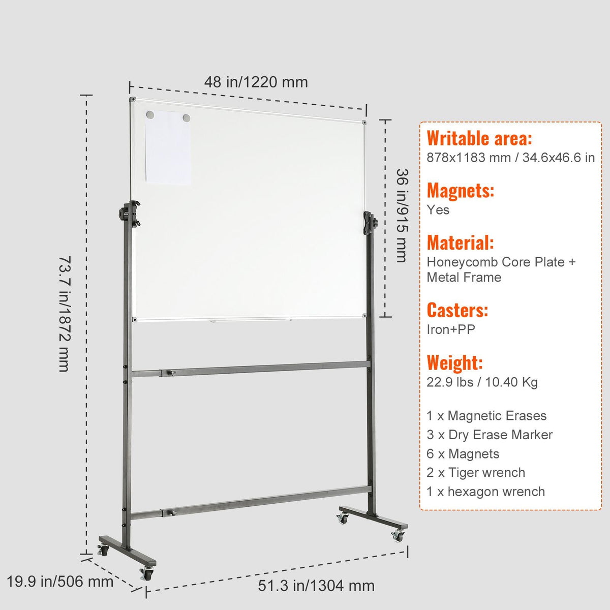 Rolling Magnetic Whiteboard, Double-sided Mobile Whiteboard 48x36 Inches, Adjustable Height Dry Erase Board with Wheels, 1 Magnetic Erase & 3 Dry Erase Markers & Movable Tray for Office School