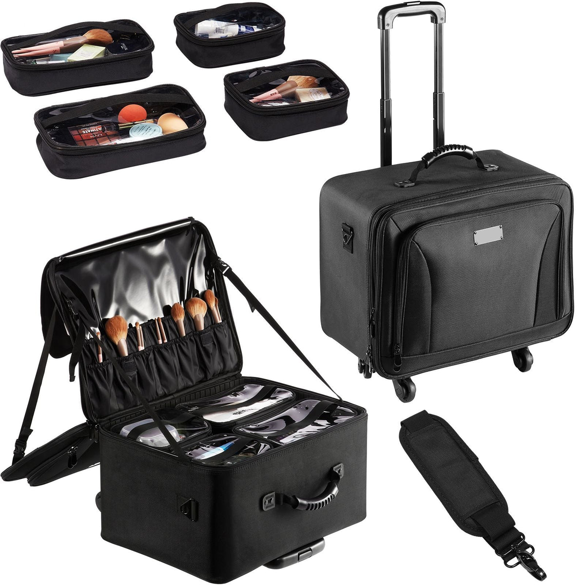 Rolling Makeup Train Case Large Storage 3 Tiers, Convenient Carry With Handle, Wheels, Strap, Professional Makeup Storage Organizer Box Make Up Carrier Waterproof Oxford, Black