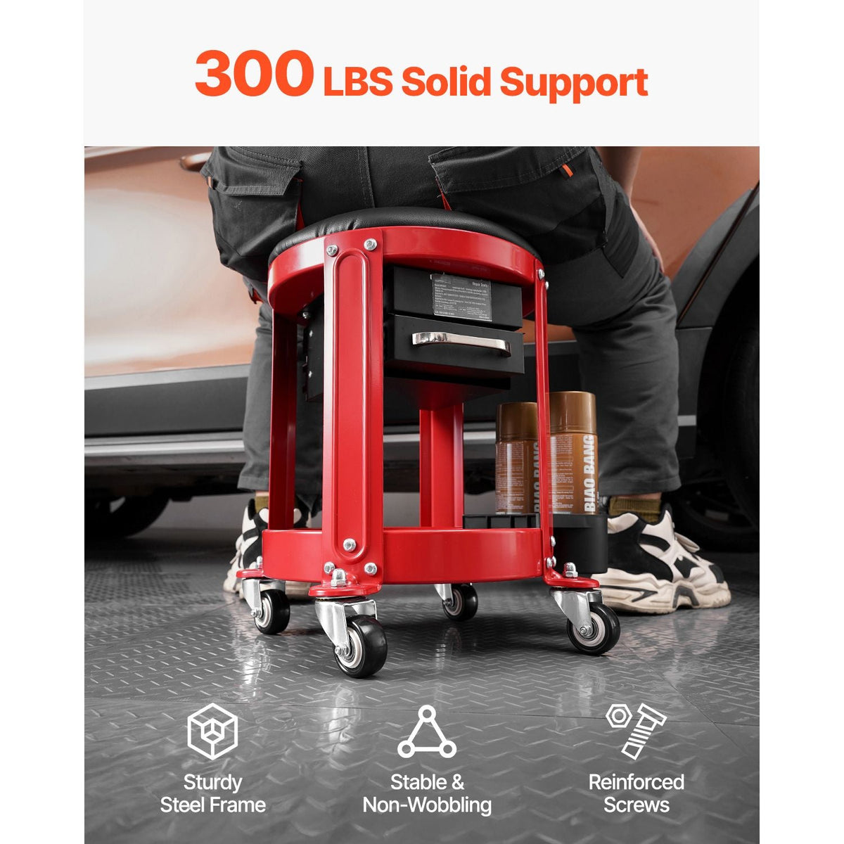 Rolling Mechanic Stool with Wheels, 300 lbs Capacity Garage Seat/Work Stool, Padded Roller Creeper Seat with Fixed Height, Tool Tray and 2 Drawers, for Garage, Shop & Auto Repair, Red+Black