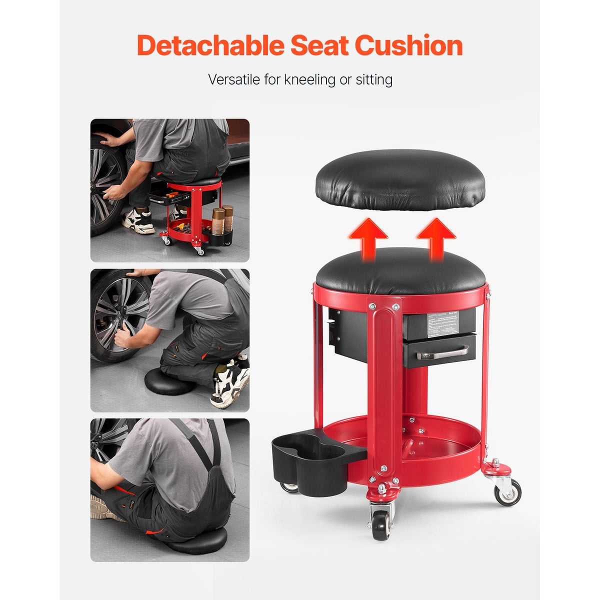 Rolling Mechanic Stool with Wheels, 300 lbs Capacity Garage Seat/Work Stool, Padded Roller Creeper Seat with Fixed Height, Tool Tray and 2 Drawers, for Garage, Shop & Auto Repair, Red+Black