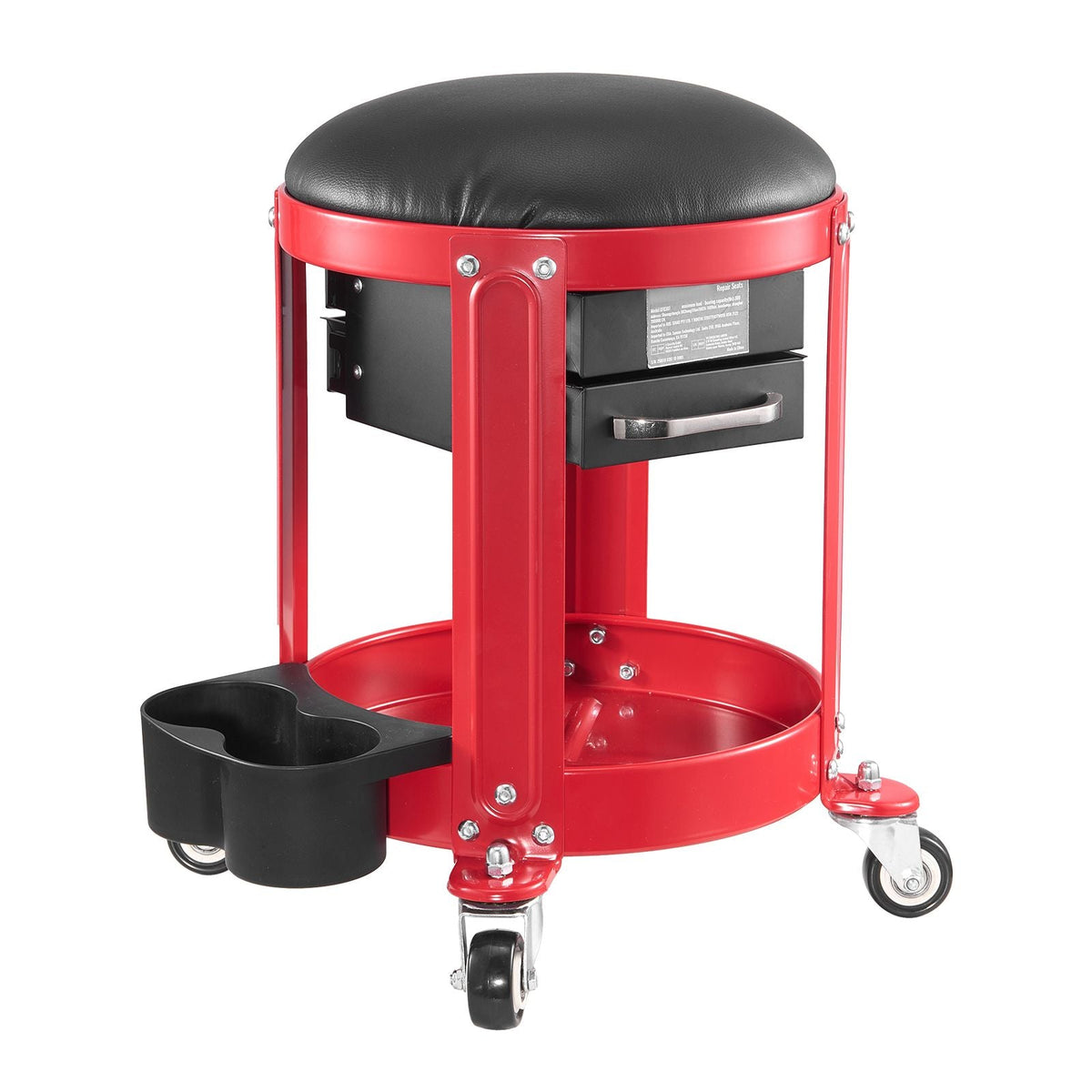 Rolling Mechanic Stool with Wheels, 300 lbs Capacity Garage Seat/Work Stool, Padded Roller Creeper Seat with Fixed Height, Tool Tray and 2 Drawers, for Garage, Shop & Auto Repair, Red+Black