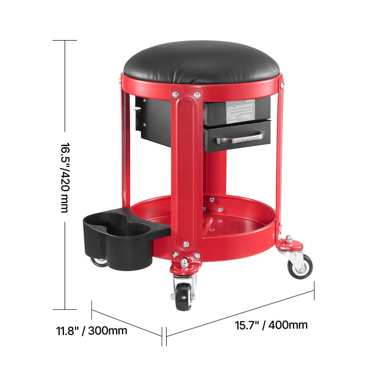 Rolling Mechanic Stool with Wheels, 300 lbs Capacity Garage Seat/Work Stool, Padded Roller Creeper Seat with Fixed Height, Tool Tray and 2 Drawers, for Garage, Shop & Auto Repair, Red+Black