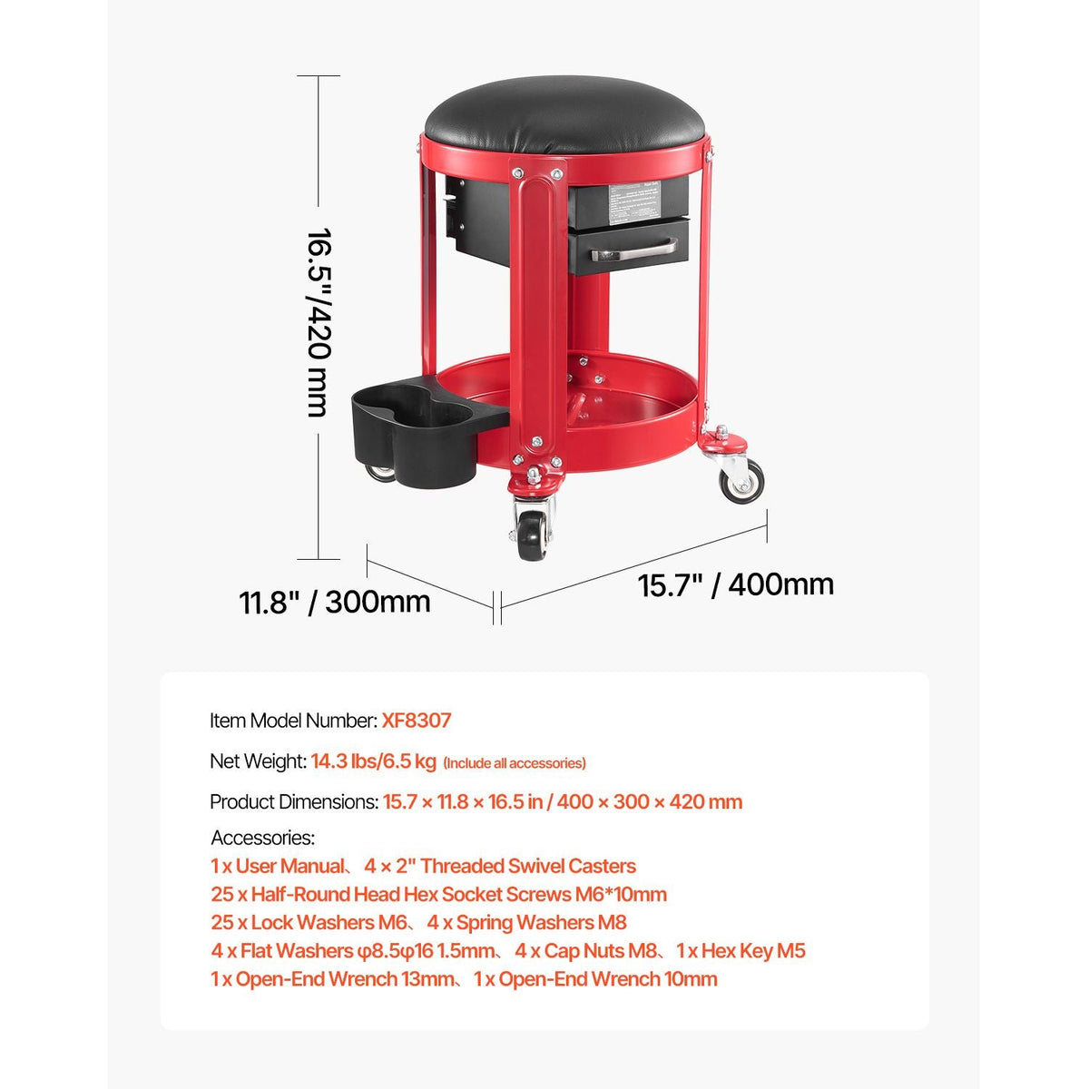 Rolling Mechanic Stool with Wheels, 300 lbs Capacity Garage Seat/Work Stool, Padded Roller Creeper Seat with Fixed Height, Tool Tray and 2 Drawers, for Garage, Shop & Auto Repair, Red+Black