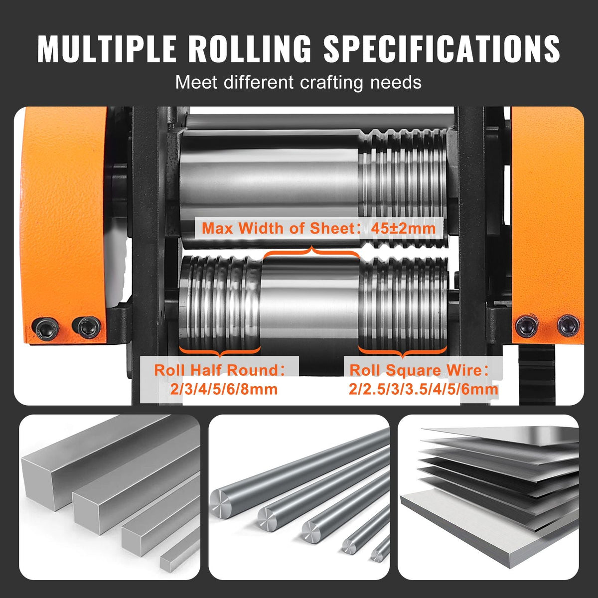 Rolling Mill, 1.77"/45 mm Jewelry Rolling Mill Machine, 1: 2.4 Gear Ratio, 3-in-1 Multi-function Rolling Mill, 0-6 mm Press Thickness for Metal Jewelry Making Sheet Square Wire Semicircle