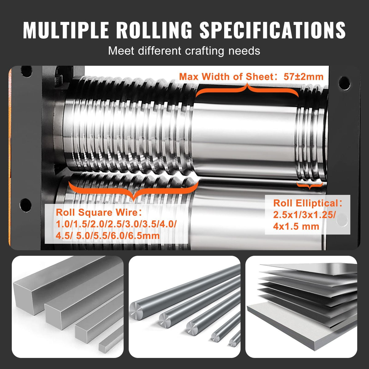 Rolling Mill, 2.24"/57 mm Jewelry Rolling Mill Machine, 1: 2 Gear Ratio, 3-in-1 Multi-function Rolling Mill, 0-5.5 mm Press Thickness for Metal Jewelry Making Sheet Square Wire Elliptical