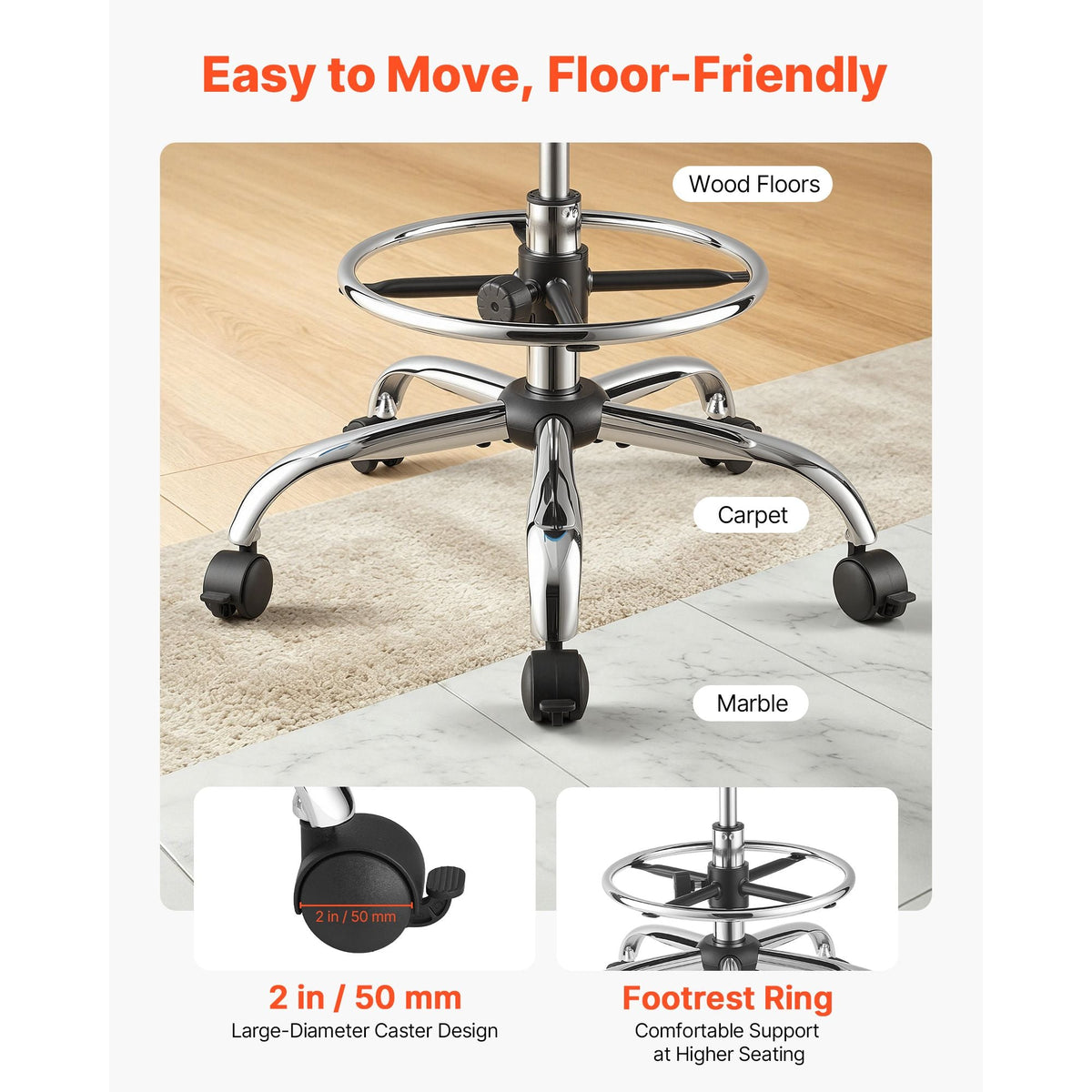 Rolling Stool with Back Support, 500 lbs Weight Capacity, Height Adjustable, Thick Cushion Ergonomic PU Leather Seat, 360° Swivel Round Rolling Stool Chair for Dental, Salon, Clinic, Black