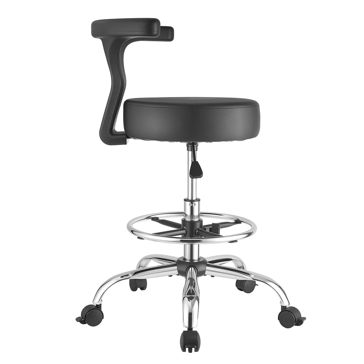 Rolling Stool with Back Support, 500 lbs Weight Capacity, Height Adjustable, Thick Cushion Ergonomic PU Leather Seat, 360° Swivel Round Rolling Stool Chair for Dental, Salon, Clinic, Black