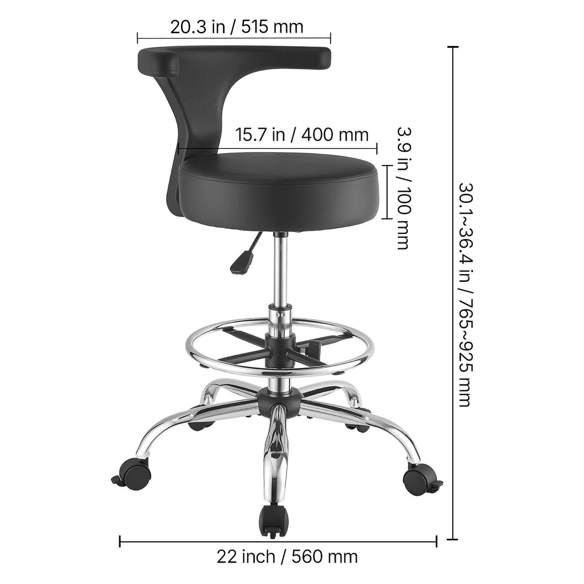 Rolling Stool with Back Support, 500 lbs Weight Capacity, Height Adjustable, Thick Cushion Ergonomic PU Leather Seat, 360° Swivel Round Rolling Stool Chair for Dental, Salon, Clinic, Black