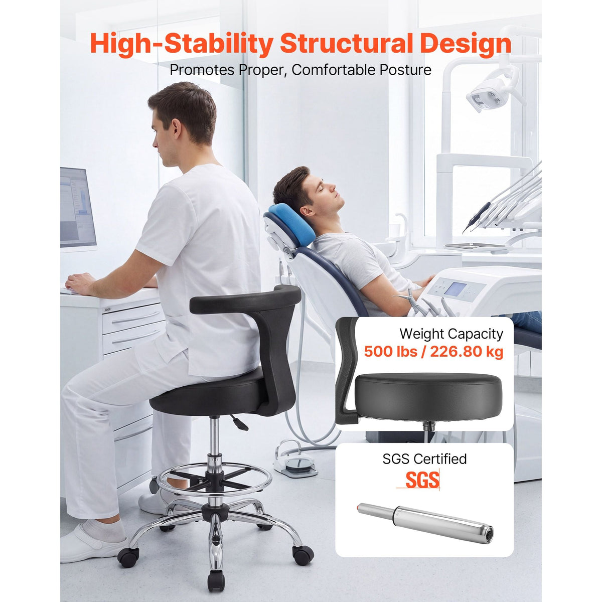 Rolling Stool with Back Support, 500 lbs Weight Capacity, Height Adjustable, Thick Cushion Ergonomic PU Leather Seat, 360° Swivel Round Rolling Stool Chair for Dental, Salon, Clinic, Black