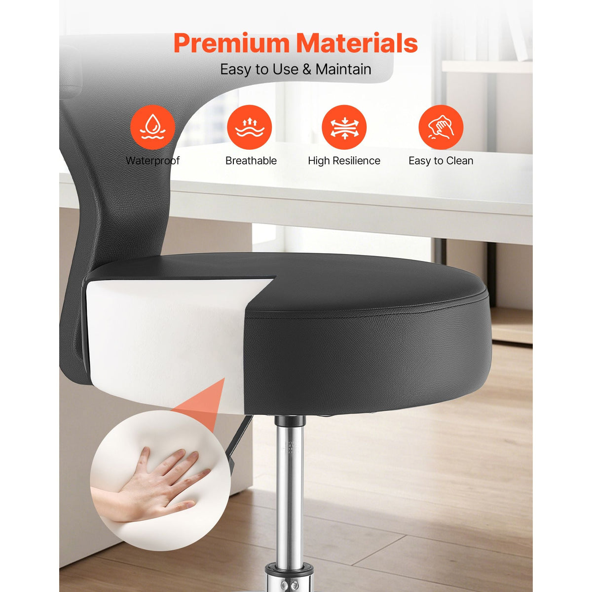 Rolling Stool with Back Support, 500 lbs Weight Capacity, Height Adjustable, Thick Cushion Ergonomic PU Leather Seat, 360° Swivel Round Rolling Stool Chair for Dental, Salon, Clinic, Black