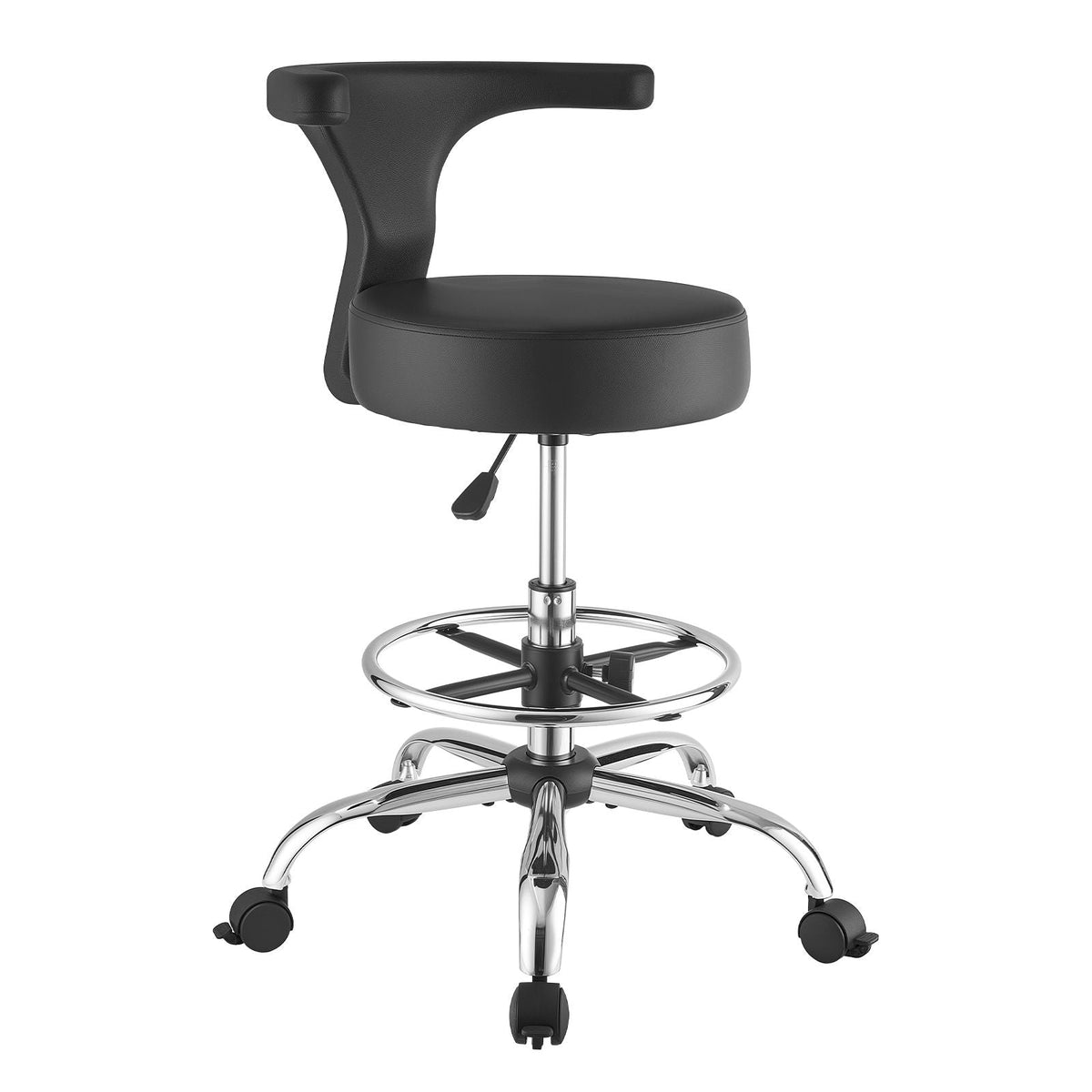Rolling Stool with Back Support, 500 lbs Weight Capacity, Height Adjustable, Thick Cushion Ergonomic PU Leather Seat, 360° Swivel Round Rolling Stool Chair for Dental, Salon, Clinic, Black