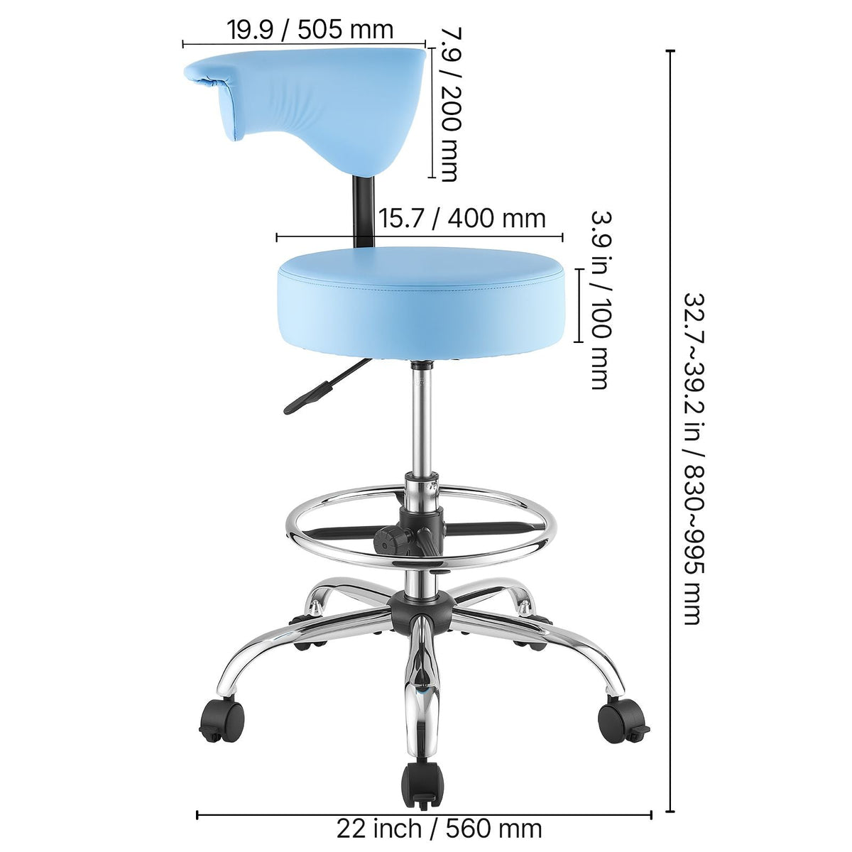 Rolling Stool with Back Support, 500 lbs Weight Capacity, Height Adjustable, Thick Cushion Ergonomic PU Leather Seat, 360° Swivel Round Rolling Stool Chair for Dental, Salon, Clinic, Blue