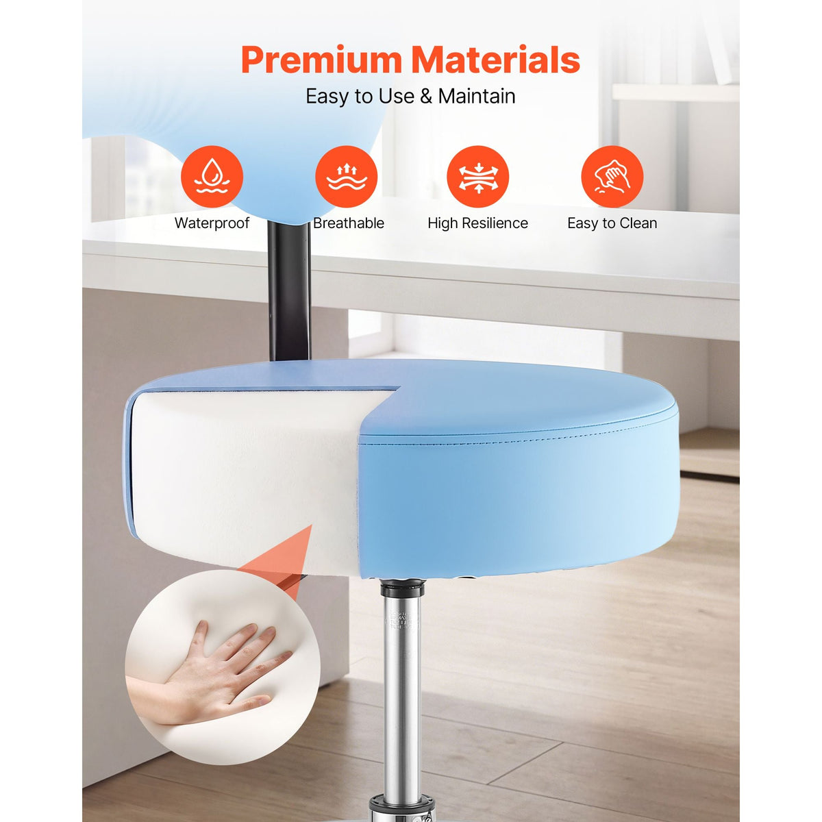 Rolling Stool with Back Support, 500 lbs Weight Capacity, Height Adjustable, Thick Cushion Ergonomic PU Leather Seat, 360° Swivel Round Rolling Stool Chair for Dental, Salon, Clinic, Blue