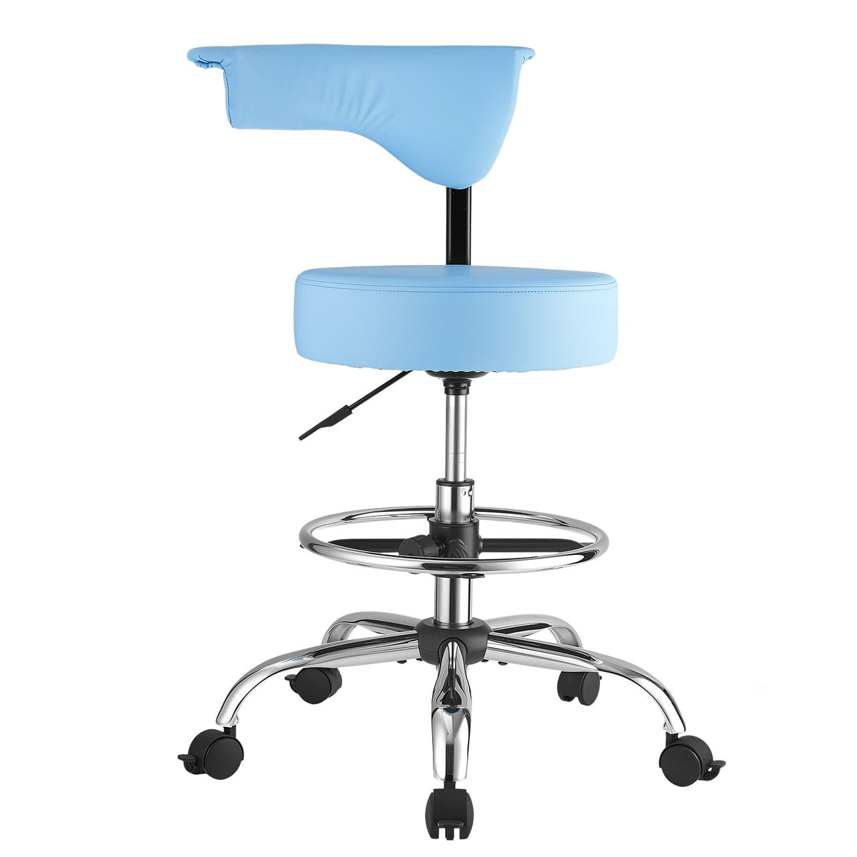 Rolling Stool with Back Support, 500 lbs Weight Capacity, Height Adjustable, Thick Cushion Ergonomic PU Leather Seat, 360° Swivel Round Rolling Stool Chair for Dental, Salon, Clinic, Blue