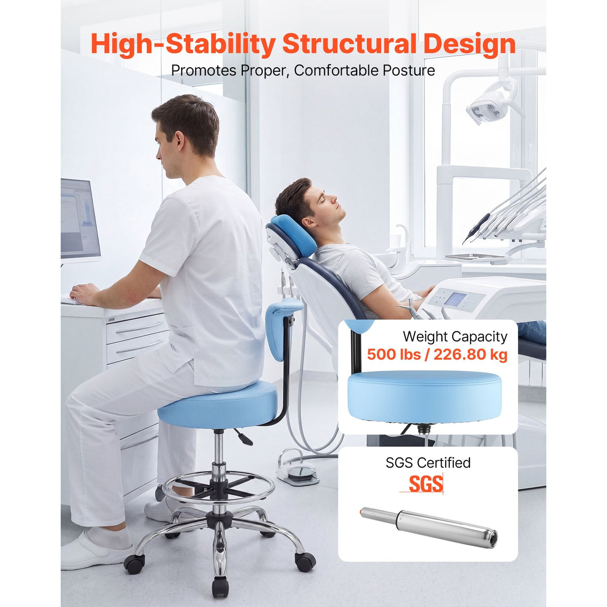 Rolling Stool with Back Support, 500 lbs Weight Capacity, Height Adjustable, Thick Cushion Ergonomic PU Leather Seat, 360° Swivel Round Rolling Stool Chair for Dental, Salon, Clinic, Blue